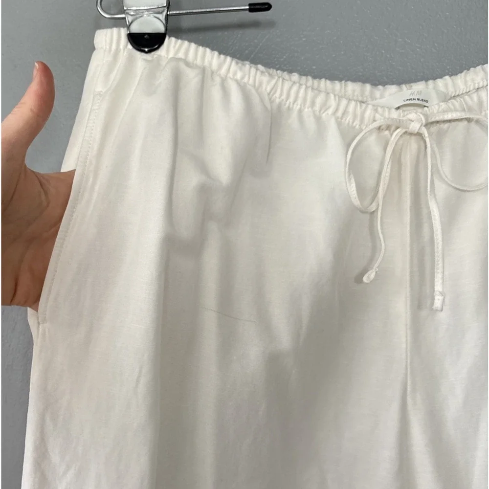 H&M Linen Blend Pants Size Large White Drawstring Wide Leg Lagenlook Minimalist